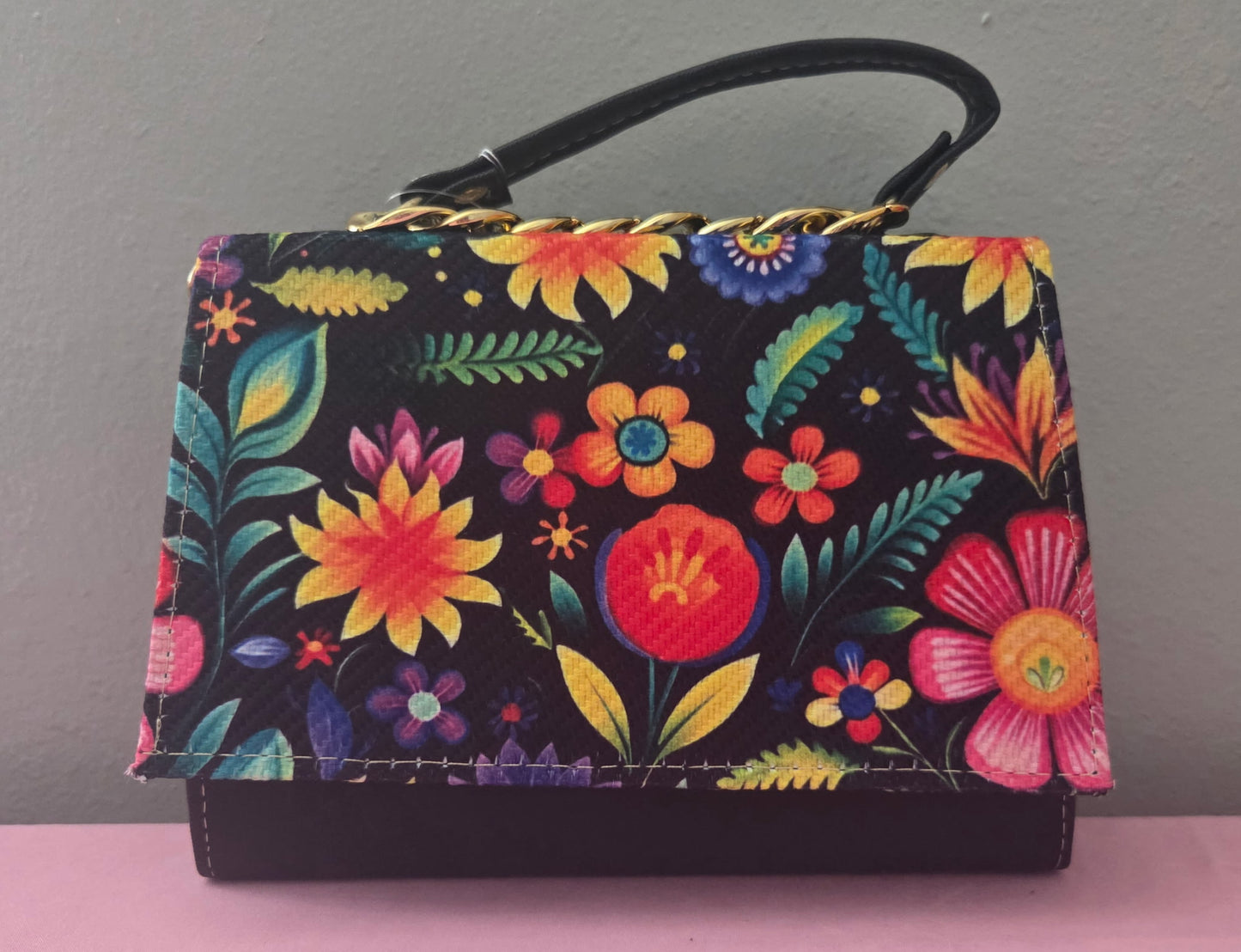 Black Flowers Orange Small Crossbody Purse