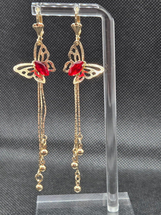 Butterfly Red Zircon Long Earrings