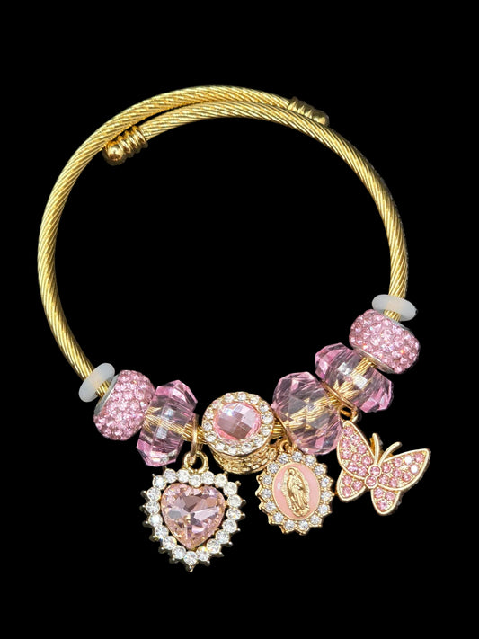 Pink Virgen de Guadalupe Heart Butterfly Bracelet