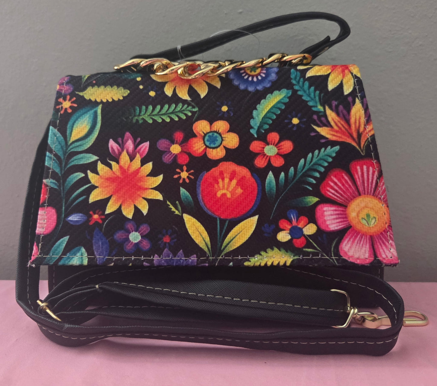 Black Flowers Orange Small Crossbody Purse