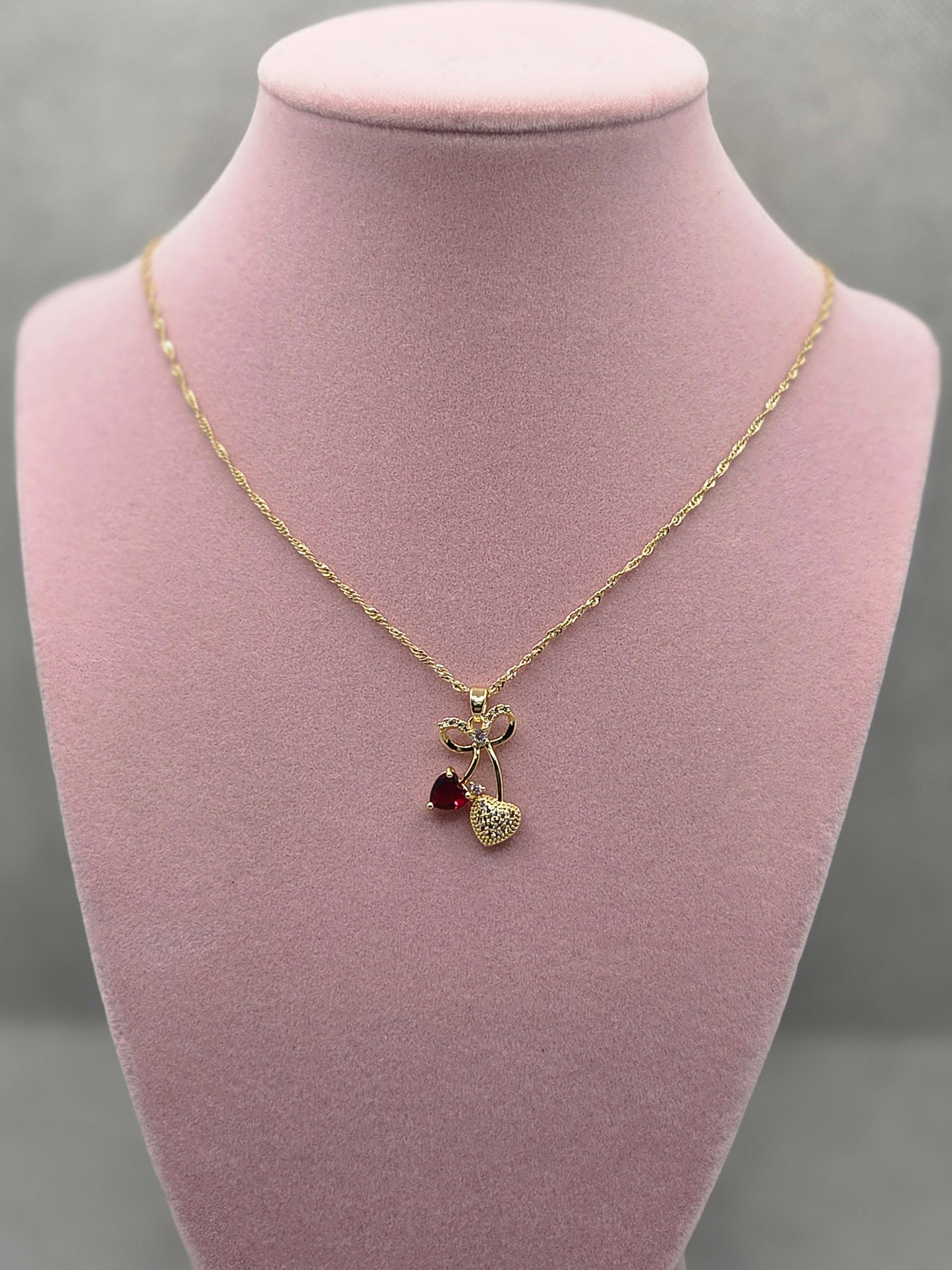 Bow Red Heart Cherry Necklace