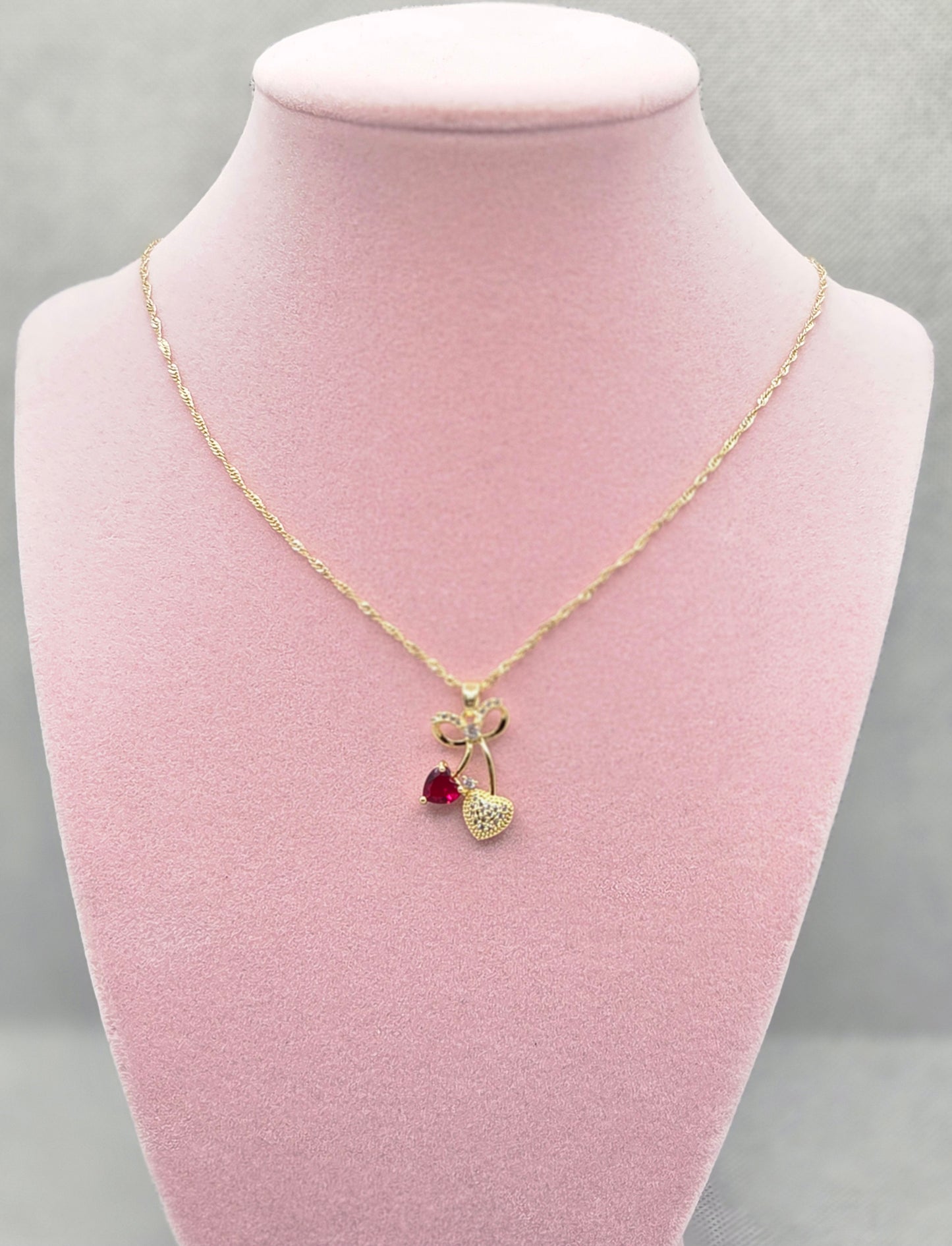 Bow Red Heart Cherry Necklace