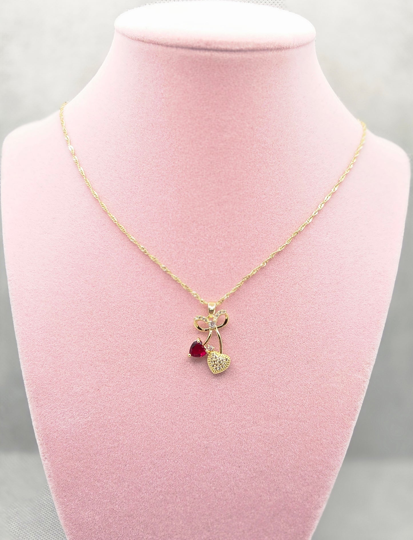 Bow Red Heart Cherry Necklace